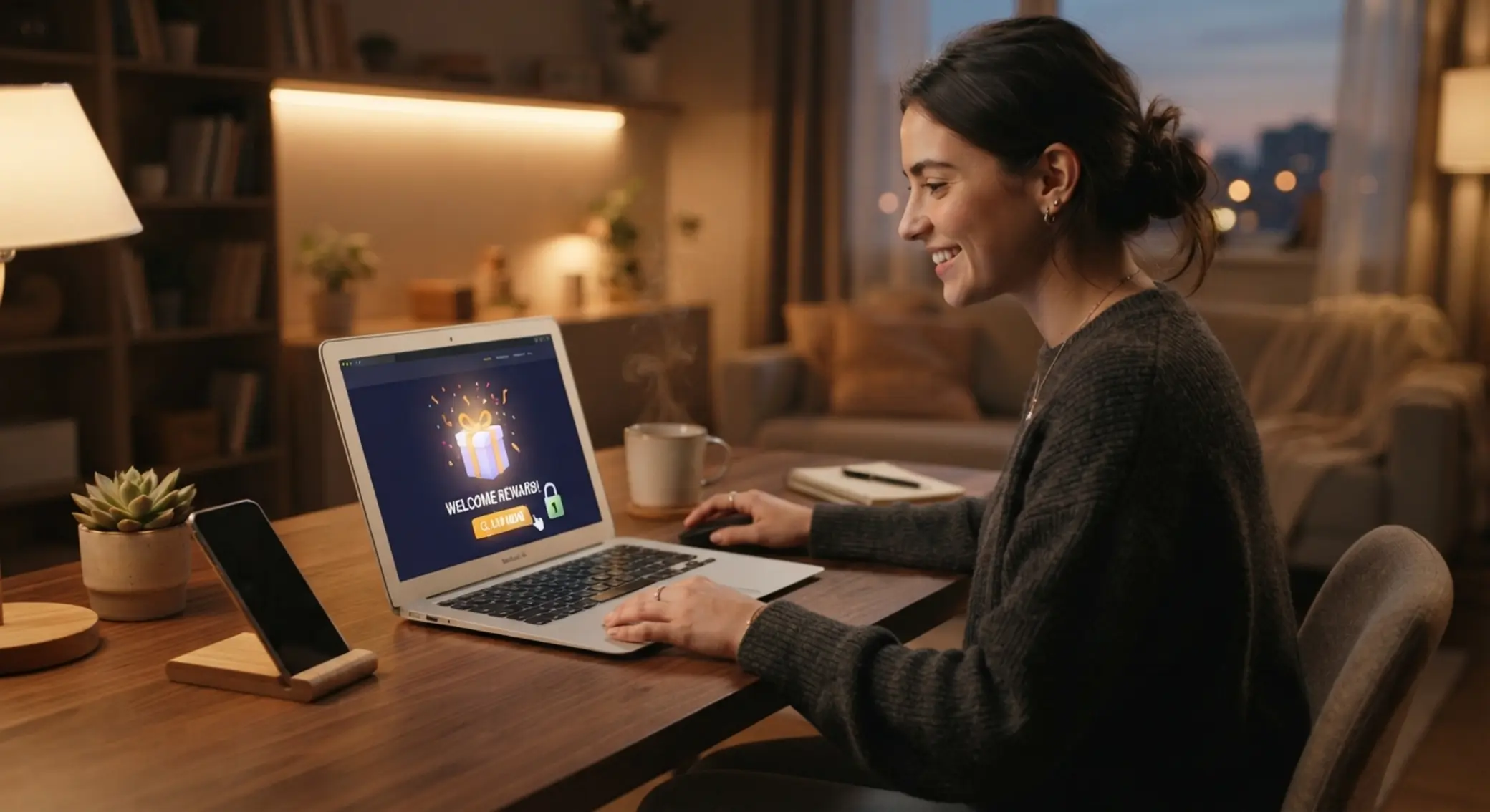 Gracz online odbiera bonus powitalny na laptopie