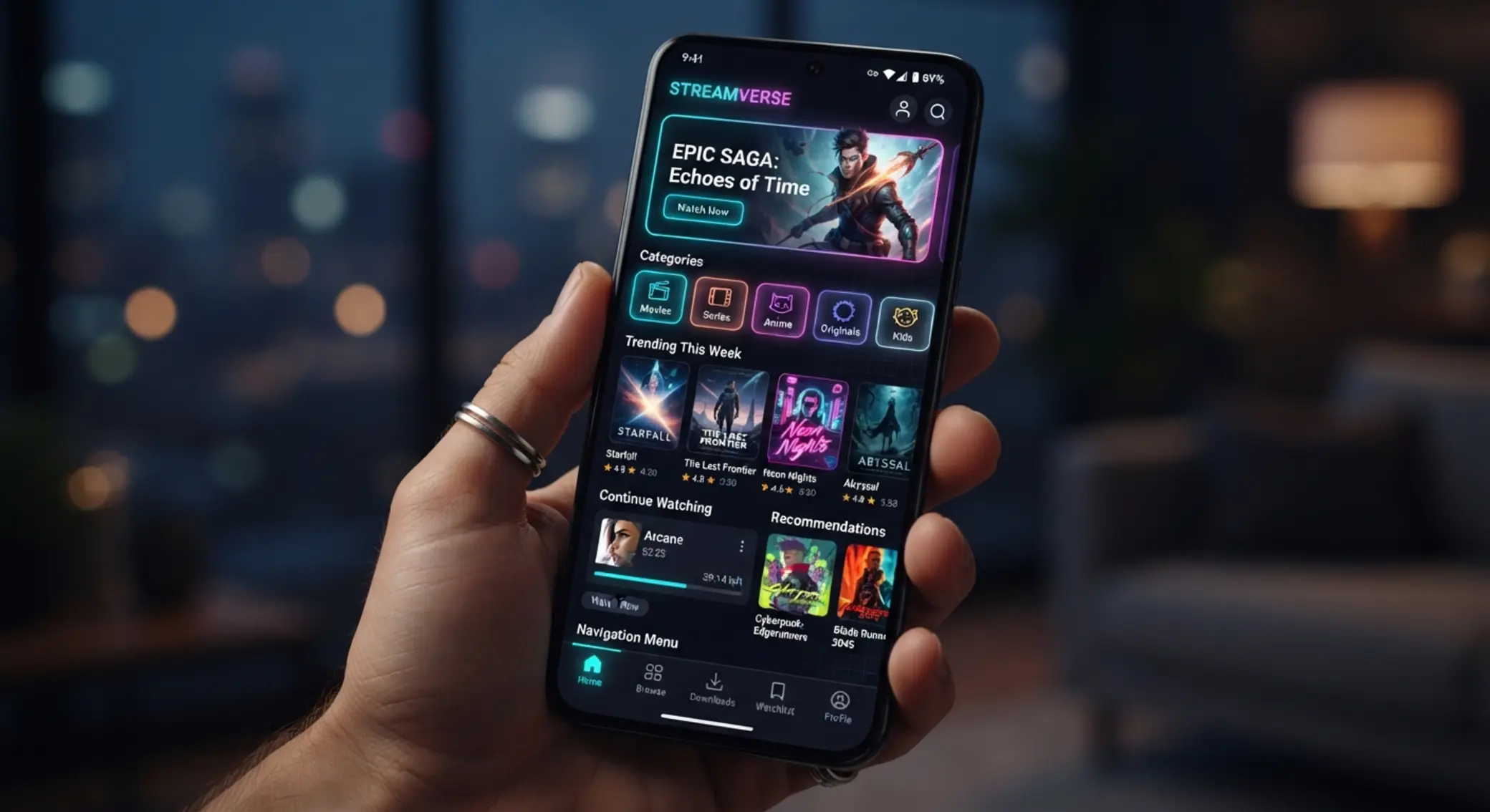 Ekran aplikacji mobilnej z lobby gier i wygodnym menu