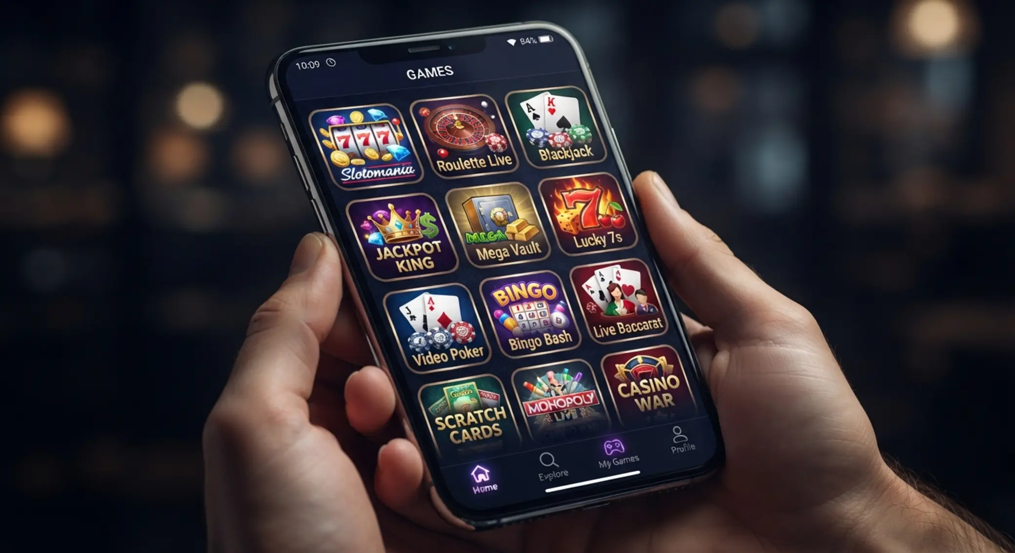 Ekran telefonu z listą gier mobilnych, ikonami slotów, ruletki i kart
