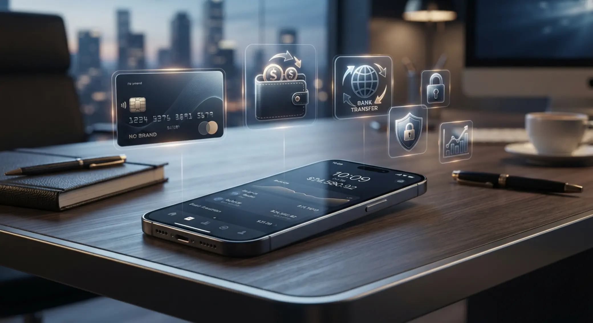 Smartfon z ikonami płatności mobilnych i zabezpieczeń