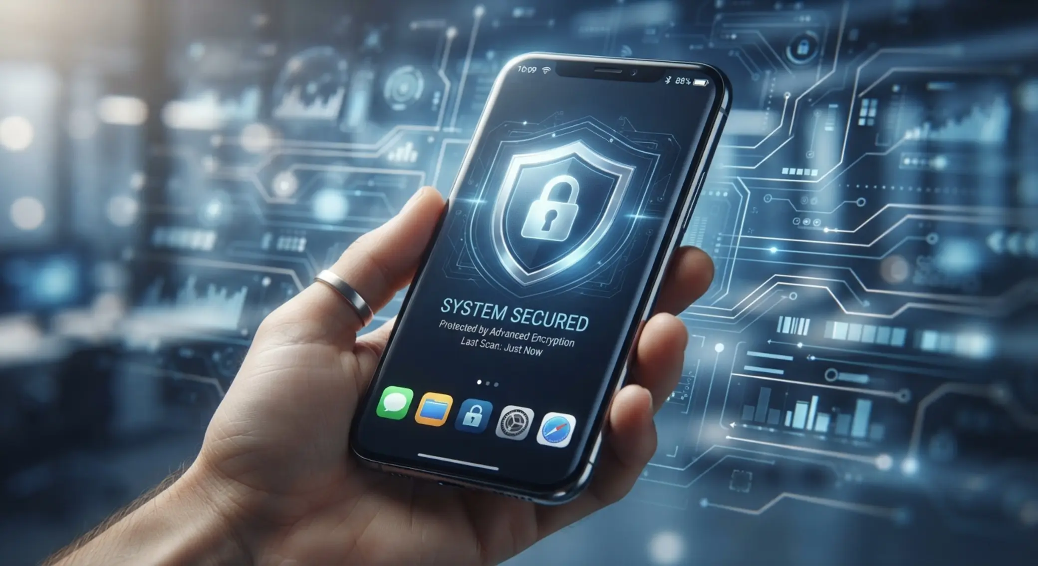 Telefon z ikoną tarczy i elementami bezpieczeństwa aplikacji
