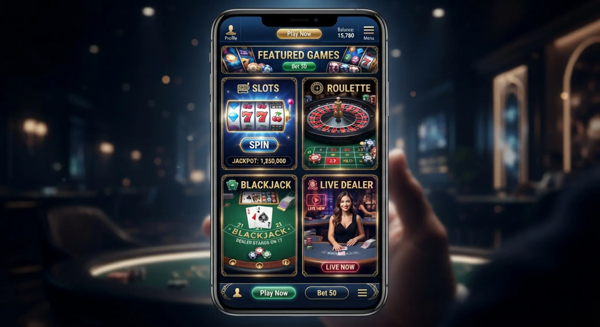 Kolaż kategorii gier mobilnych: sloty, ruletka, blackjack i live