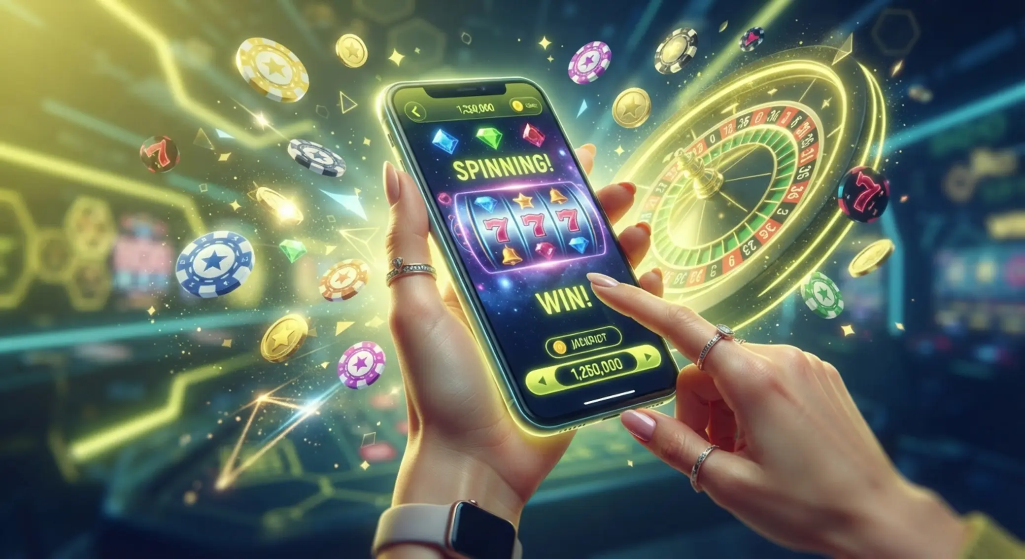 Ilustracja telefonu z mobilnymi grami i elementami ruletki