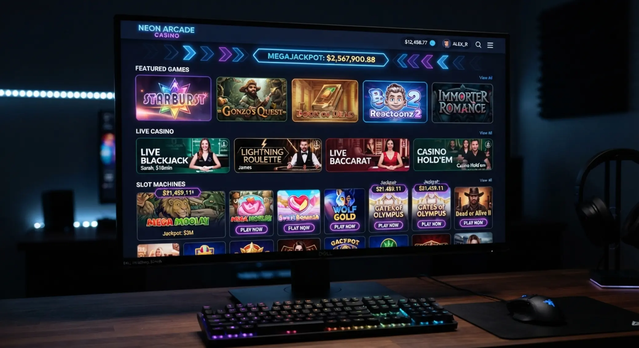 Lobby gier GG.Bet z kategoriami sloty, live i jackpoty